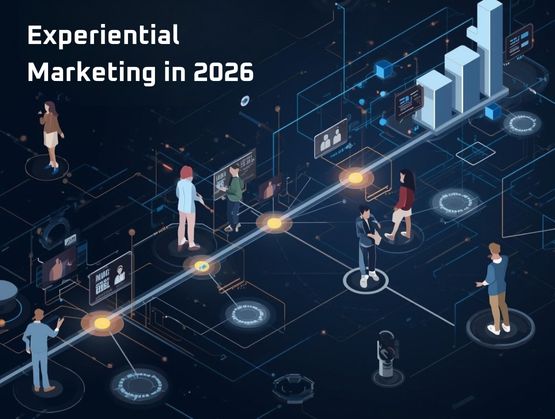 Illustration showing the future of experiential marketing in 2026 with interactive digital experiences and brand engagement.