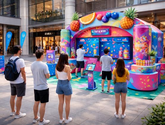 Brand activation pop up interactive engagement built with qiksense using attract visuals, gamified experiences, task based challenges, participant profiling, and digital rewards with clear analytics.